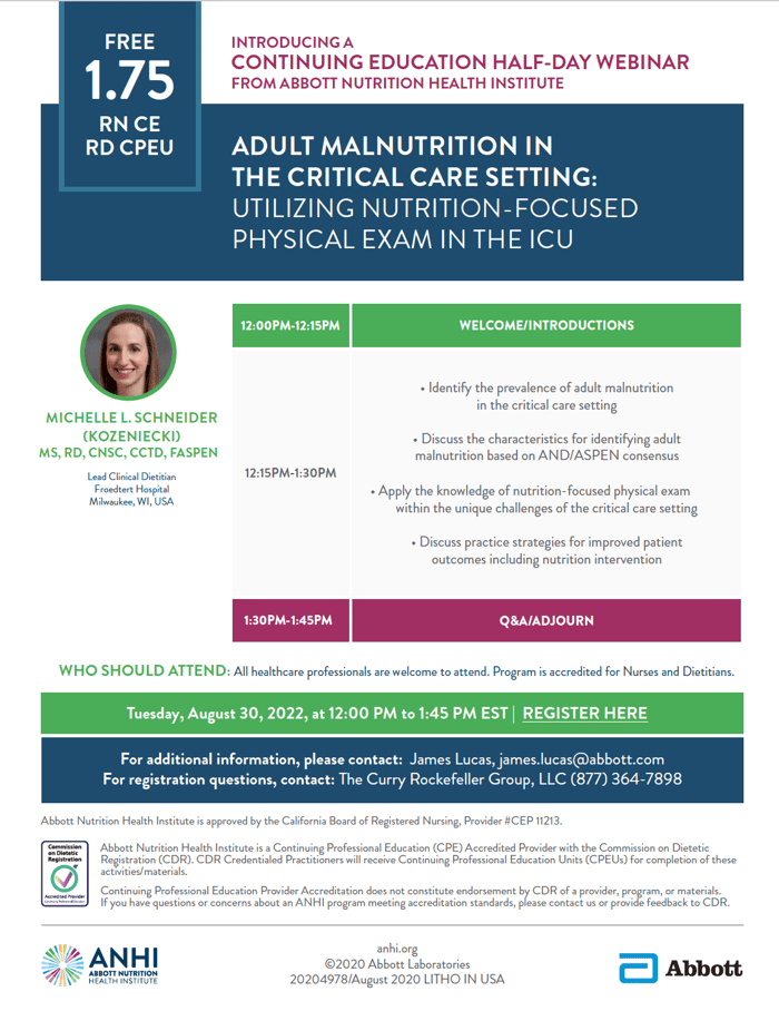 BROCHURE 08.30.22.Adult Malnutrition in the Critical Care Setting: Utilizing Nutrition Focused Physical Exam in the ICU